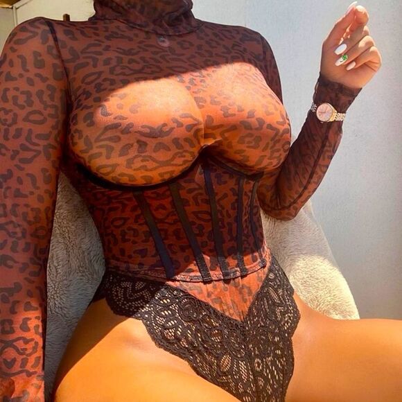 Sexy Sheer Leopard Mesh Contrast Lace High Neck Underbust Corset Teddy Bodysuit - Picture 1 of 13